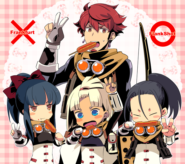 2girls, black_hair, blonde_hair, bow_(weapon), brown_eyes, eating, hot_dog, l_(matador), multiple_boys, multiple_girls, payot, ponytail, pun, red_hair, redhead, sausage, sekaiju_no_meikyuu, sekaiju_no_meikyuu_4, silver_hair, sniper_(sekaiju), weapon