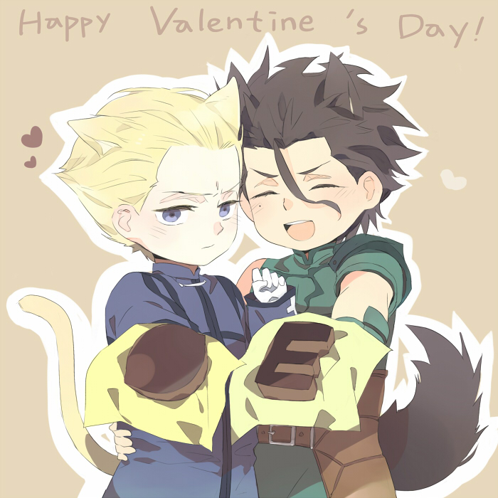 2boys, ahoge, animal_ears, black_hair, blonde_hair, blue_eyes, cat_ears, cat_tail