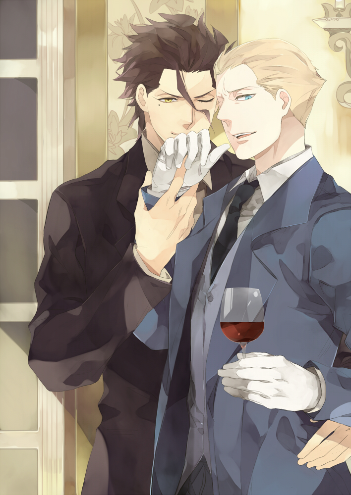 ahoge, black_hair, blonde_hair, blue_eyes, cup, fate/zero, fate_(series), formal