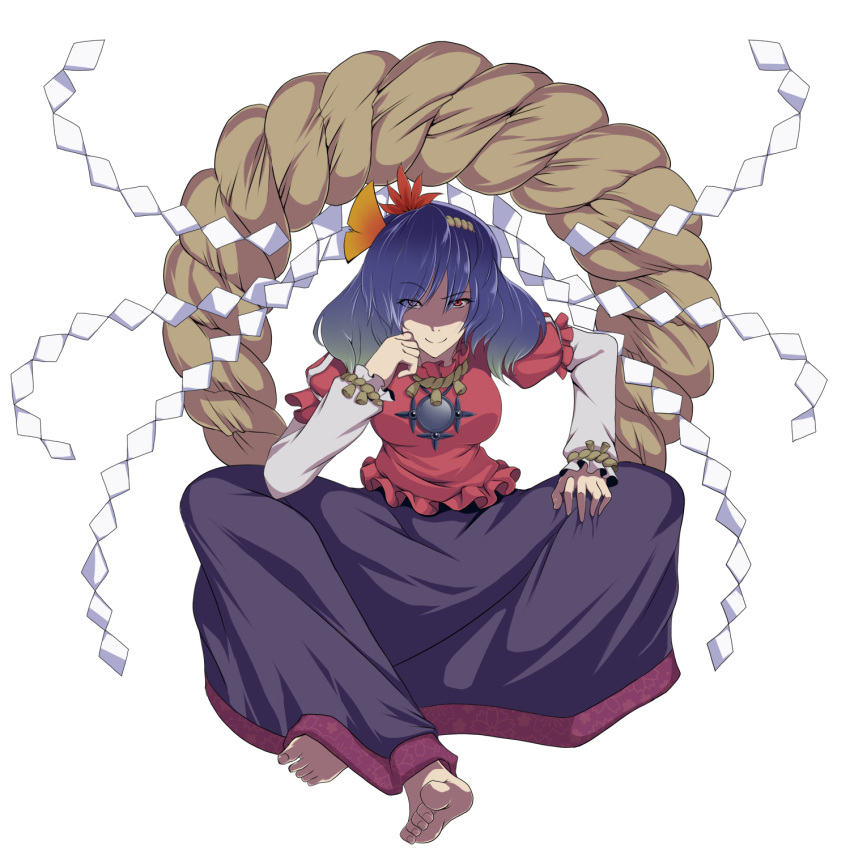 bad_id, barefoot, blue_hair, feet, hair_ornament, highres, jewelry, kupala_(artist)