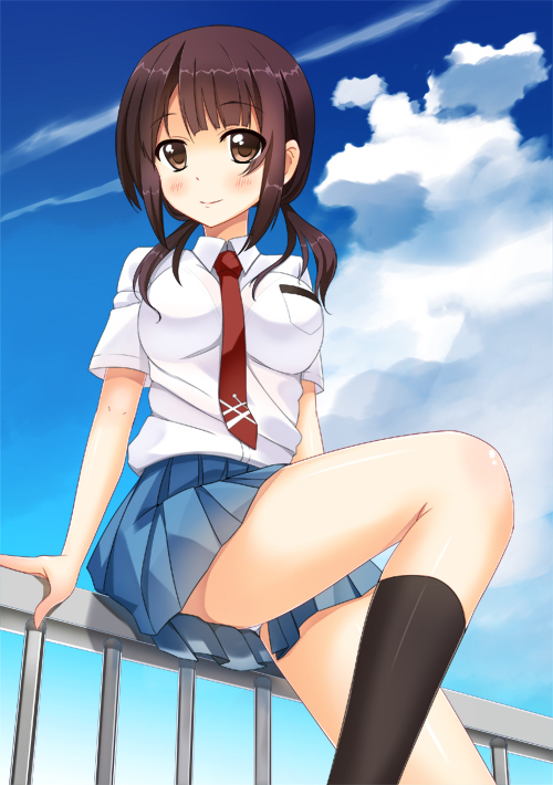 asakura_ryou_(artist), black_legwear, blush, brown_eyes, brown_hair, cloud, kneehighs, looking_at_viewer