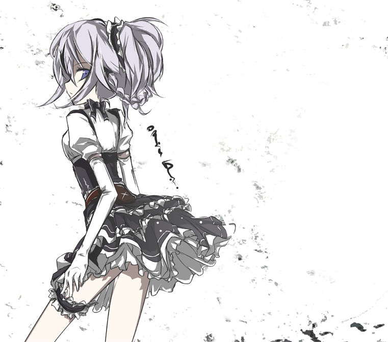 alternate_costume, alternate_hair_length, alternate_hairstyle, blue_eyes, izayoi_sakuya, leg_garter, looking_back, loxodon