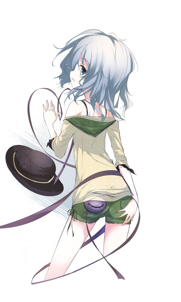 alternate_costume, casual, contemporary, cutoffs, from_behind, hat, hat_removed, headwear_removed