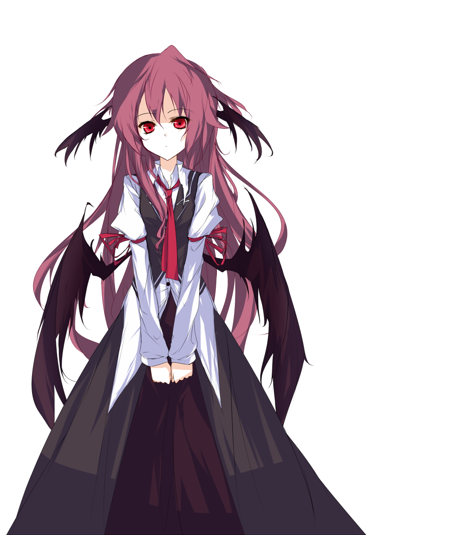arm_garter, bat_wings, bow, dress_shirt, expressionless, head_wings, koakuma, long_hair, looking_at_viewer, low_wings, loxodon, messy_hair, necktie, red_eyes, red_hair, red_ribbon, redhead, ribbon, shirt, skirt, solo, touhou, transparent_background, untucked, v_arms, very_long_hair, vest, white_shirt, wings