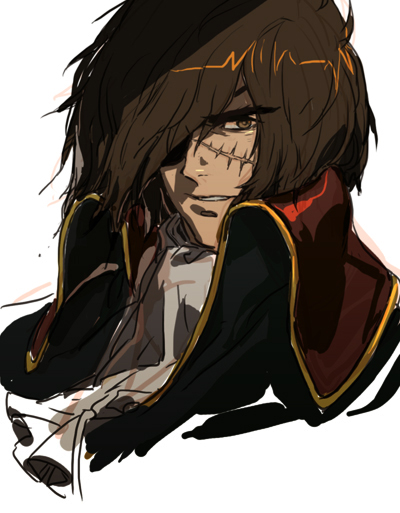 70s, 80s, brown_hair, cravat, eyepatch, harlock, jolly_roger, lowres