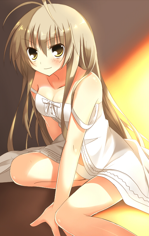 1girl, blonde_hair, hand_between_legs, kasugano_sora, long_hair, panties, sakura_yuduna, solo