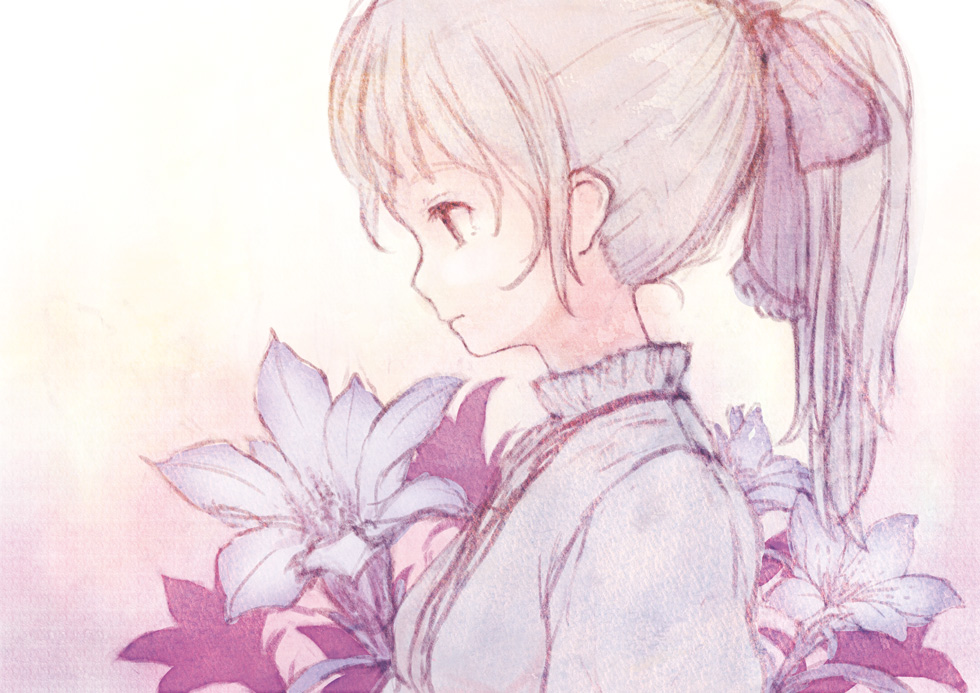 aoyagi_neko, blonde_hair, blue_eyes, dress, flower, hair_ribbon, long_hair, original, ponytail, ribbon, solo