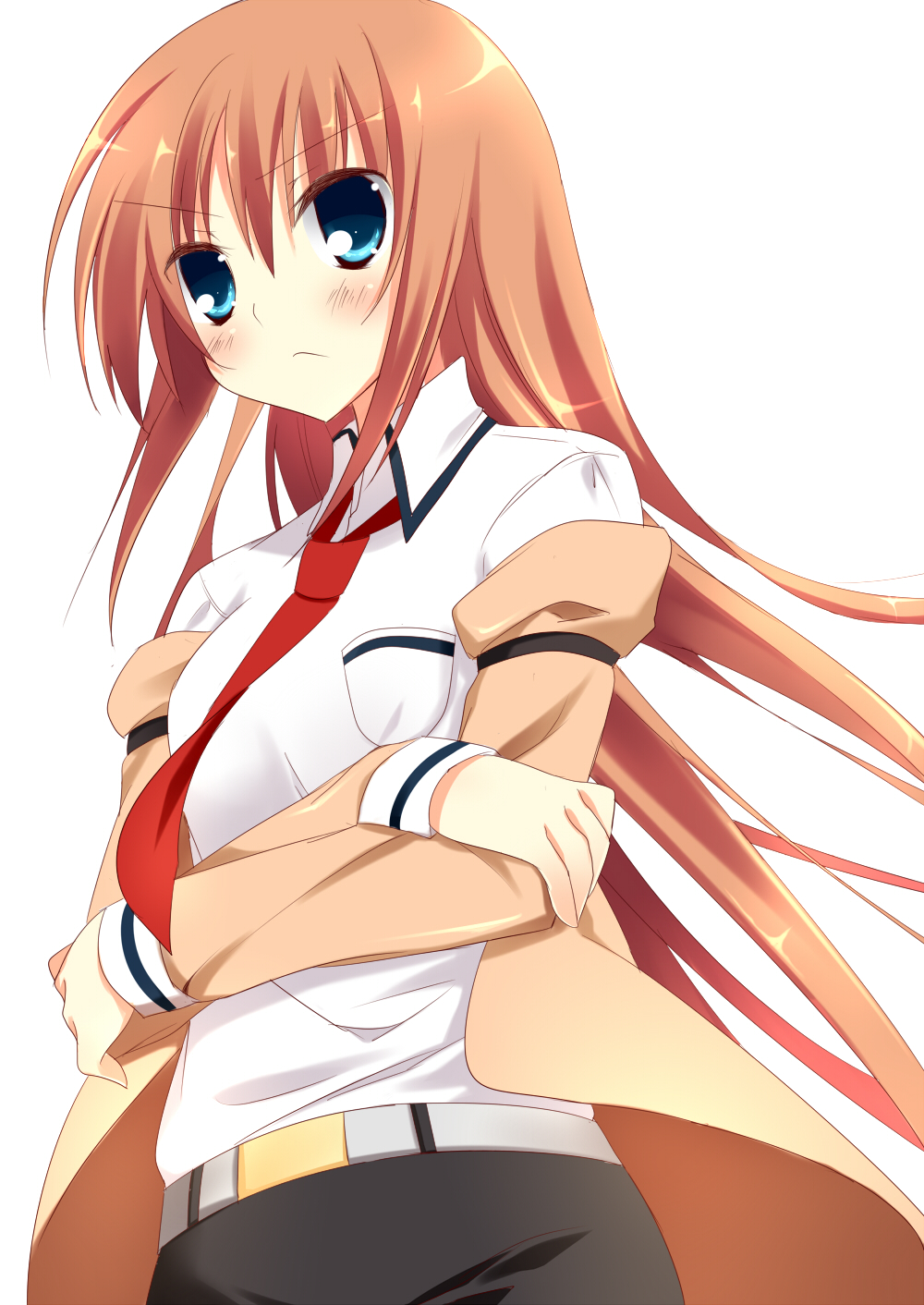 1girl, alternate_hair_color, belt, blue_eyes, blush, jacket, long_hair, makise_kurisu