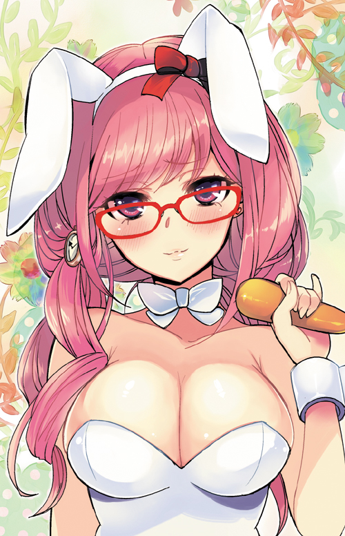 animal_ears, bare_shoulders, blush, bowtie, breasts, bunny_ears, bunny_girl, bunnysuit, bust, cleavage, copyright_request, fake_animal_ears, glasses, large_breasts, lips, long_hair, looking_at_viewer, pink_eyes, pink_hair, rabbit_ears, red-framed_glasses, shindou_(fuguri), solo, wrist_cuffs