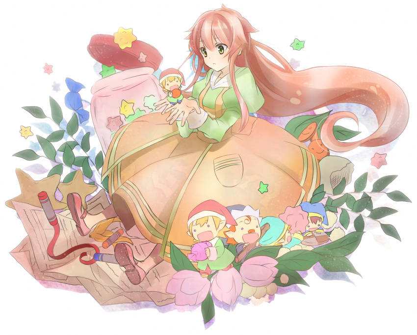 chibi, cookie, dress, fairy, fairy_(jintai), flower, green_eyes, highres