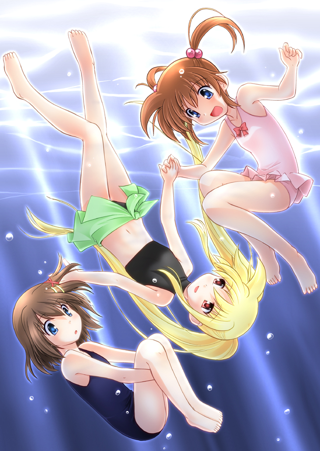 :d, :o, barefoot, bikini, blonde_hair, blue_eyes, bow, brown_hair