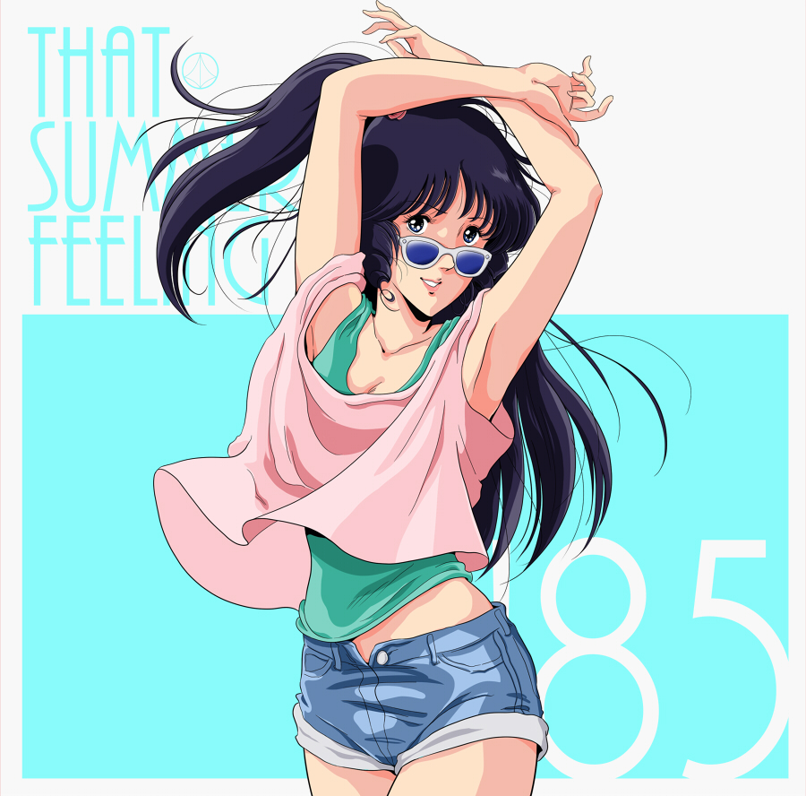 black_hair, choujikuu_yousai_macross, denim, denim_shorts, english, fashion, glasses, lady-steady-go, long_hair, lynn_minmay, macross, macross:_do_you_remember_love?, oldschool, short_shorts, shorts, smile, unbuttoned