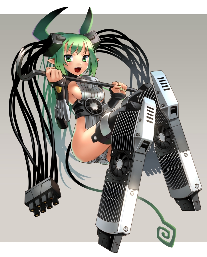 animal_ears, breasts, bunny_ears, cable, crowbar, fan, fangs, green_eyes, green_hair, gtx_690, horns, katahira_masashi, nvidia, original, personification, rabbit_ears, sideboob, solo, tail, video_card