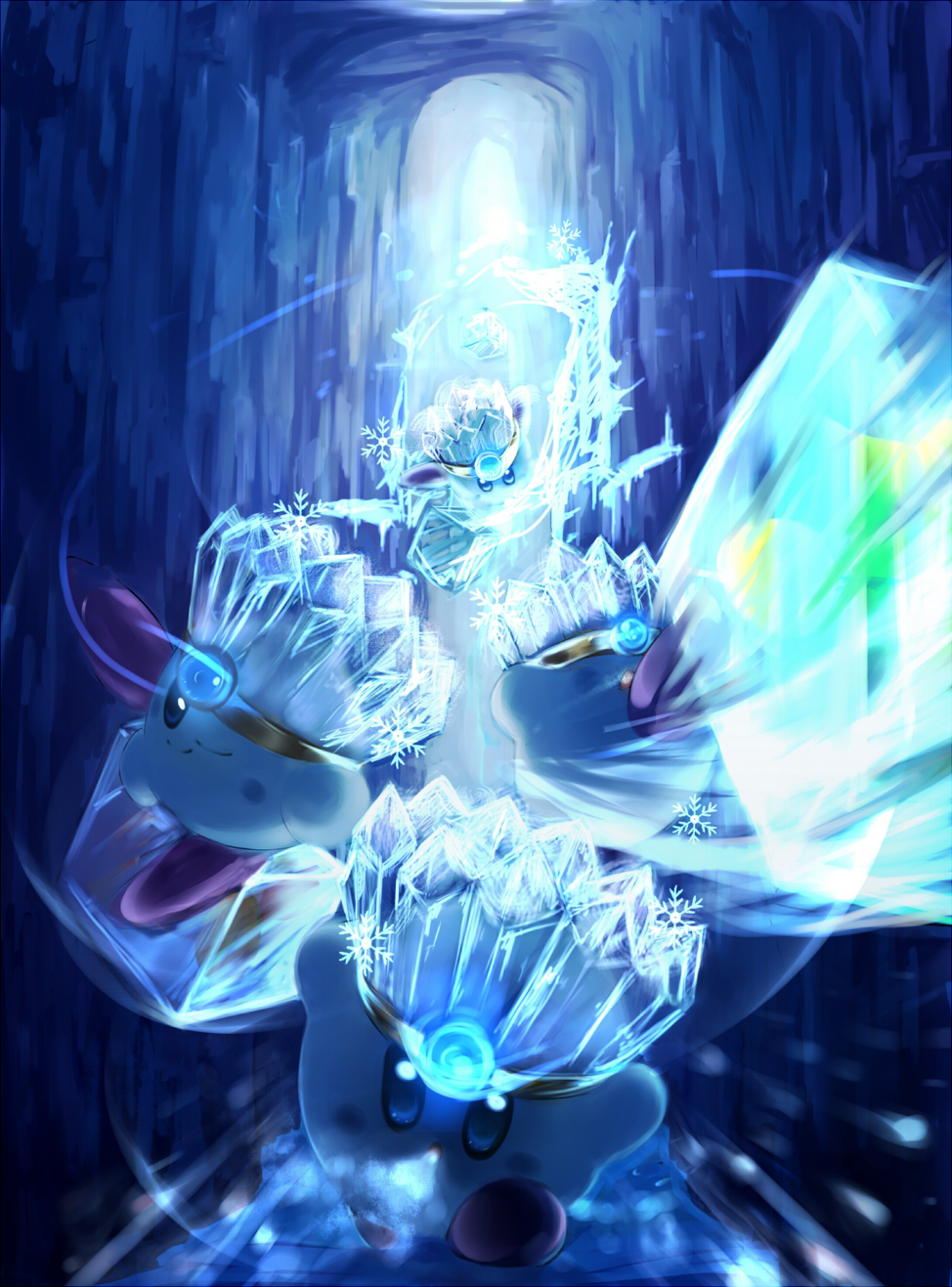 blush_stickers, caramel_(artist), cave, crown, dual_persona, frozen, highres, ice