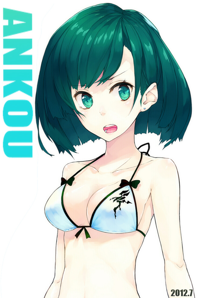 ako_(nedm), aqua_eyes, bikini, bikini_top, breasts, bust, green_hair, open_mouth