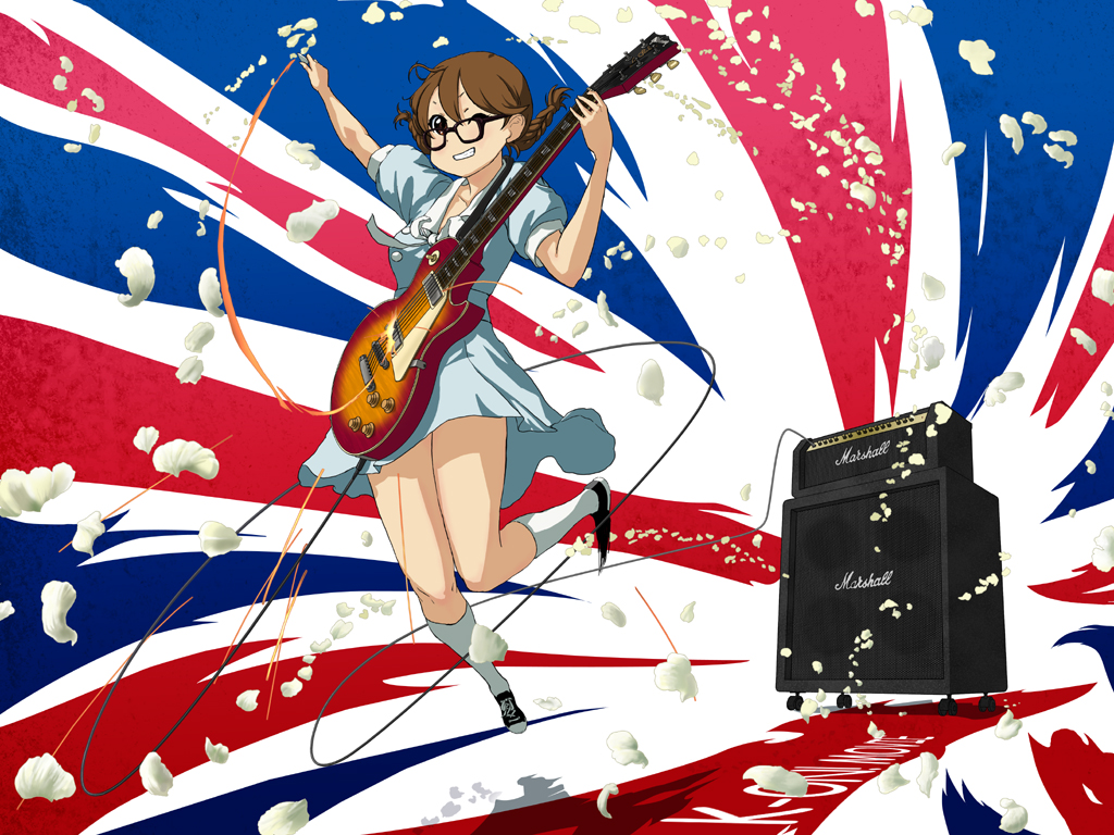 alternate_hairstyle, amplifier, bespectacled, braid, brown_eyes, brown_hair, dress, glasses, guitar, hirasawa_yui, instrument, k-on!, k-on!_movie, meiouseijin, singing!, twin_braids, twintails, union_jack, united_kingdom, wink