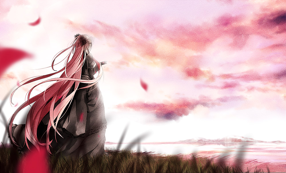 alternate_costume, arisaka_ako, black_dress, black_gloves, cloud, clouds, dress, gloves, grainy, grass, hair_ornament, lake, long_hair, megurine_luka, mountain, petals, pink_hair, reflection, sky, solo, very_long_hair, vocaloid