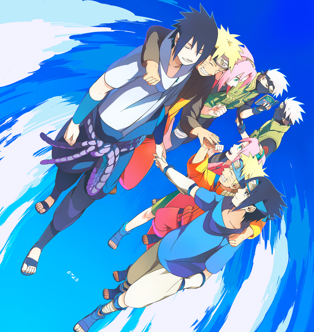 3boys, age_progression, blonde_hair, blue_eyes, blue_hair, closed_eyes, dual_persona, eyes_closed