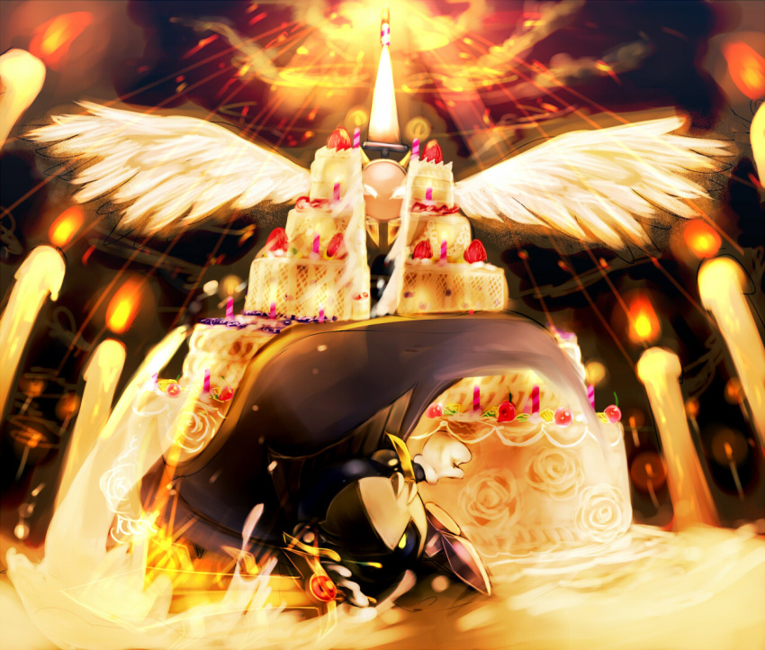 2boys, birthday_cake, cake, candle, cape, caramel_(artist), food, galacta_knight