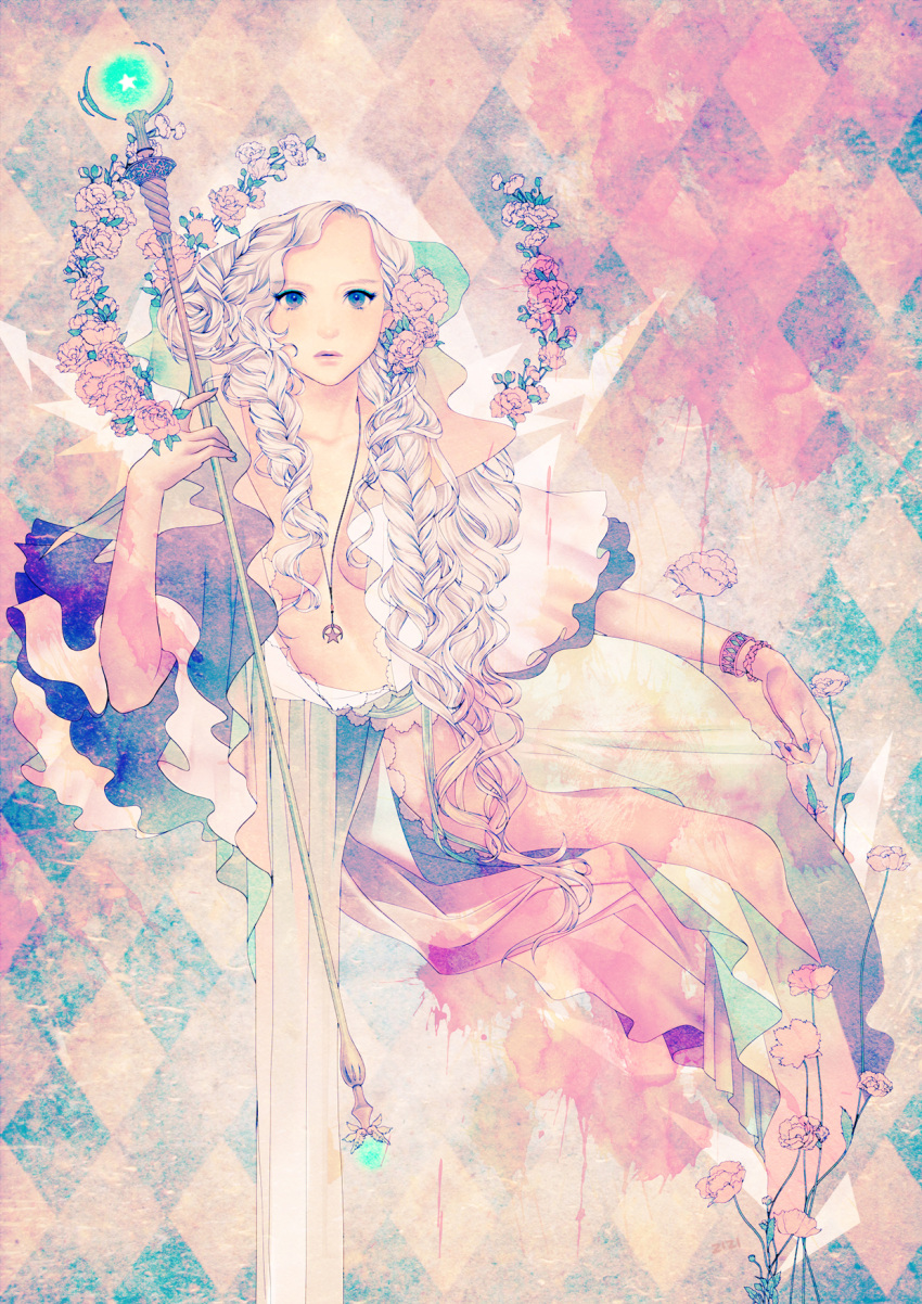 argyle, argyle_background, blonde_hair, blue_eyes, breasts, flower, hair_flower, hair_ornament, hair_over_breasts, highres, jewelry, long_hair, mage, necklace, original, solo, staff, wristband, zizizy