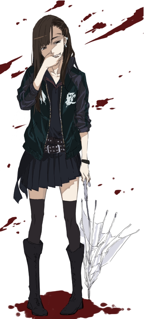 akb48, belt, black_eyes, black_hair, black_legwear, blood, boots, earrings