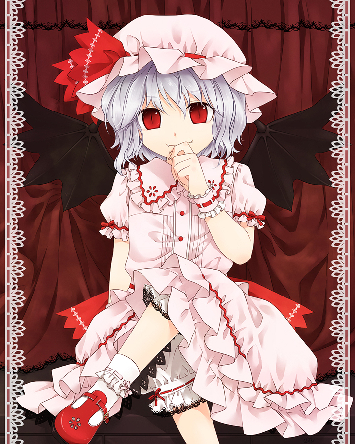 bat_wings, crossed_legs, curtains, fang, hat, hat_ribbon, legs_crossed, mary_janes