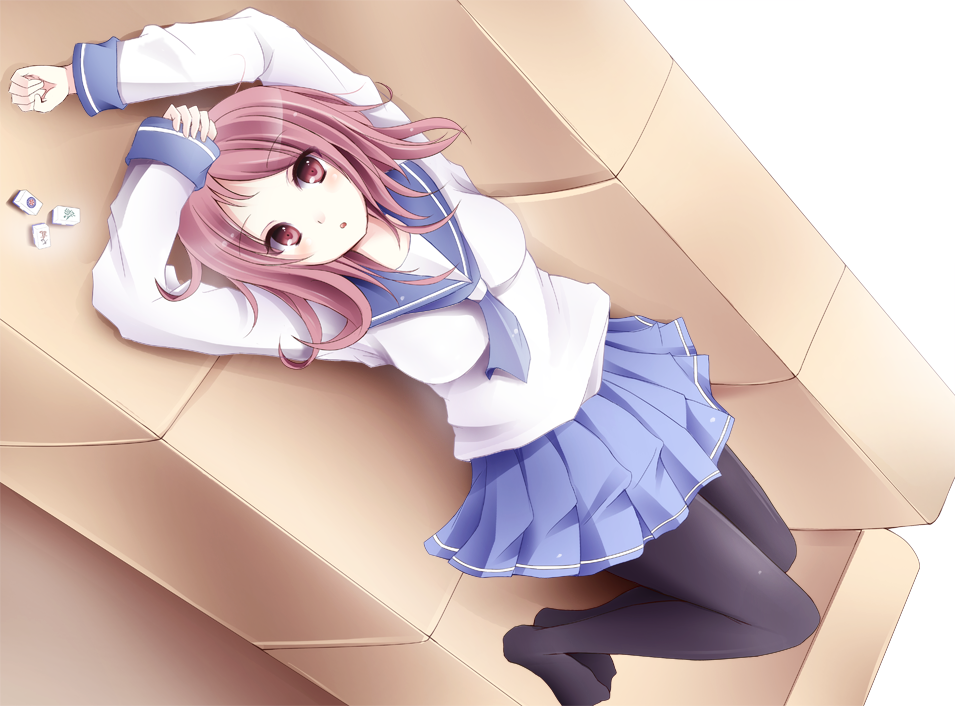 brown_eyes, brown_hair, looking_up, lying, mahjong_tiles, pantyhose, saki, school_uniform