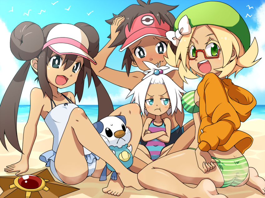 3girls, :<, :t, ass, beach, bel_(pokemon), bikini, blonde_hair