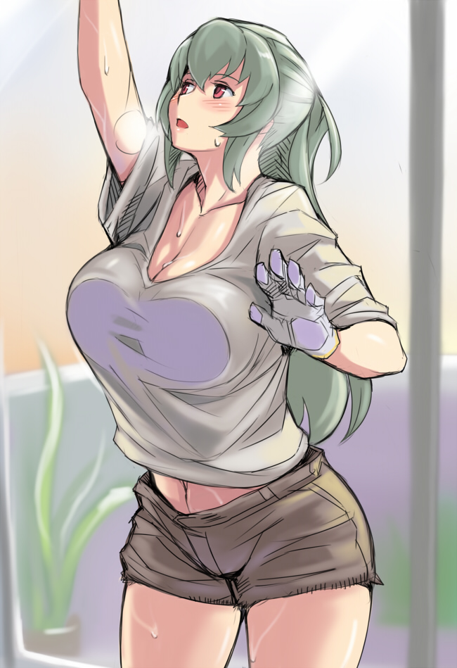 adult, against_glass, blush, breast_press, breasts, breasts_on_glass, cleavage, cloth, large_breasts, long_hair, navel, open_mouth, plant, pot, reaching, red_eyes, rozen_maiden, rozenweapon, shorts, silver_hair, solo, suigintou, sweat, t-shirt, taut_shirt, thick_thighs, thighs, window