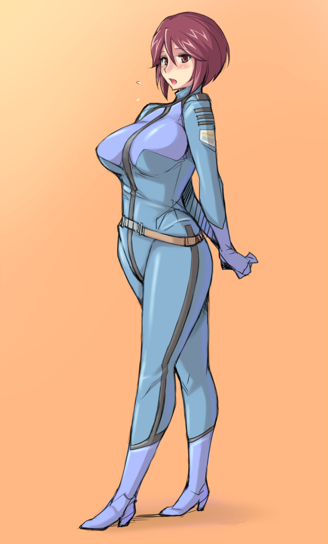 adult, arms_behind_back, belt, blush, bodysuit, boots, breasts, brown_eyes