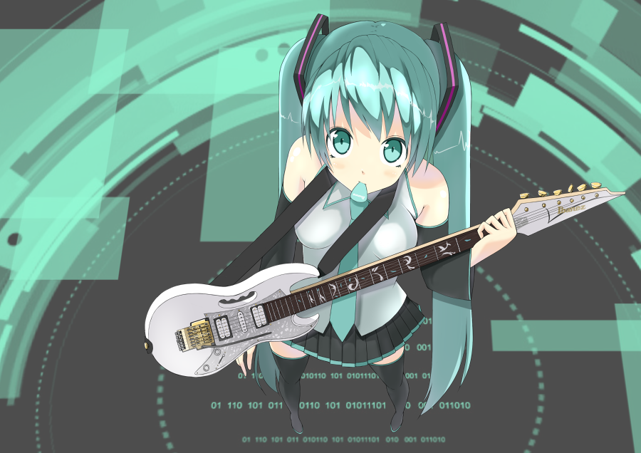 aqua_eyes, aqua_hair, binary, boots, detached_sleeves, electric_guitar, from_above, guitar, handle_cutout, hatsune_miku, instrument, long_hair, looking_at_viewer, mouth_hold, necktie, nino_h, plectrum, skirt, solo, thigh-highs, thigh_boots, thighhighs, twintails, very_long_hair, vocaloid, whammy_bar