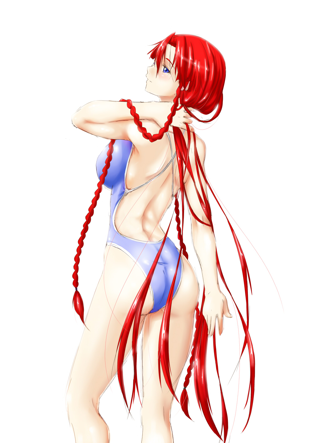 ass, back, blue_eyes, blush, braid, competition_swimsuit, highres, hong_meiling