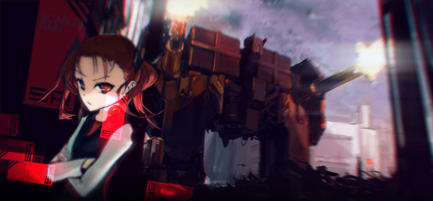building, firing, immobile_fortress, kouzuki_yuniko, lowlight_kirilenko, ponytail, red_eyes, red_hair, redhead, scarlet_rain, weapon