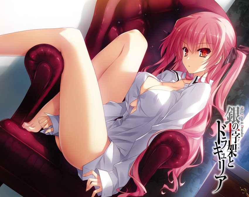 armchair, bare_legs, barefoot, between_thighs, bottomless, breasts, cleavage, dress_shirt