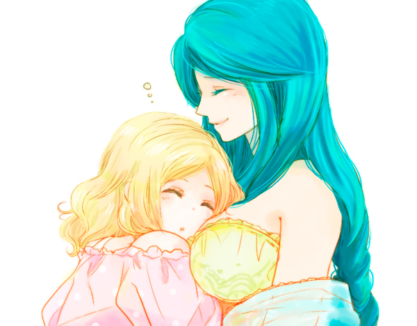 aqua_hair, bare_shoulders, blonde_hair, breast_pillow, breasts, closed_eyes, eyes_closed, fukusha