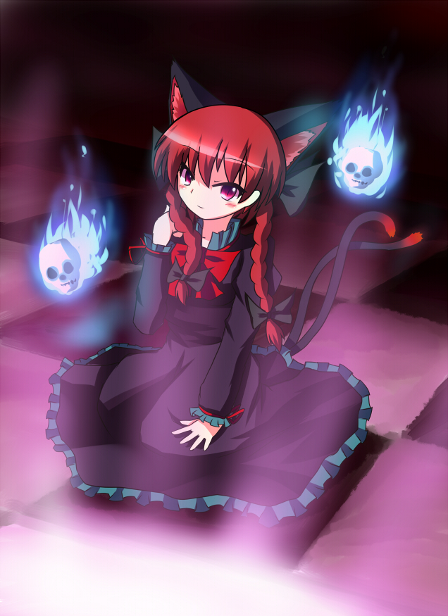 amiru9, animal_ears, bow, braid, cat_ears, cat_tail, checkered, checkered_floor, dress, hair_bow, hitodama, kaenbyou_rin, long_hair, red_eyes, red_hair, redhead, sitting, skull, smile, solo, tail, touhou, twin_braids