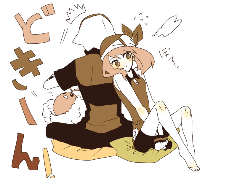 1boy, 1girl, :>, ?, araragi_shion, back-to-back, bandana, bandanna, bare_legs, bare_shoulders, barefoot, bike_shorts, bird, black_hair, blush, body_blush, brown_hair, creature, flying_sweatdrops, haruka_(pokemon), hat, indian_style, monochrome, pillow, pokemon, pokemon_(creature), pokemon_(game), pokemon_rse, sepia, simple_background, sitting, sleeveless, swablu, v_arms, white_background, wristband, yuuki_(pokemon)