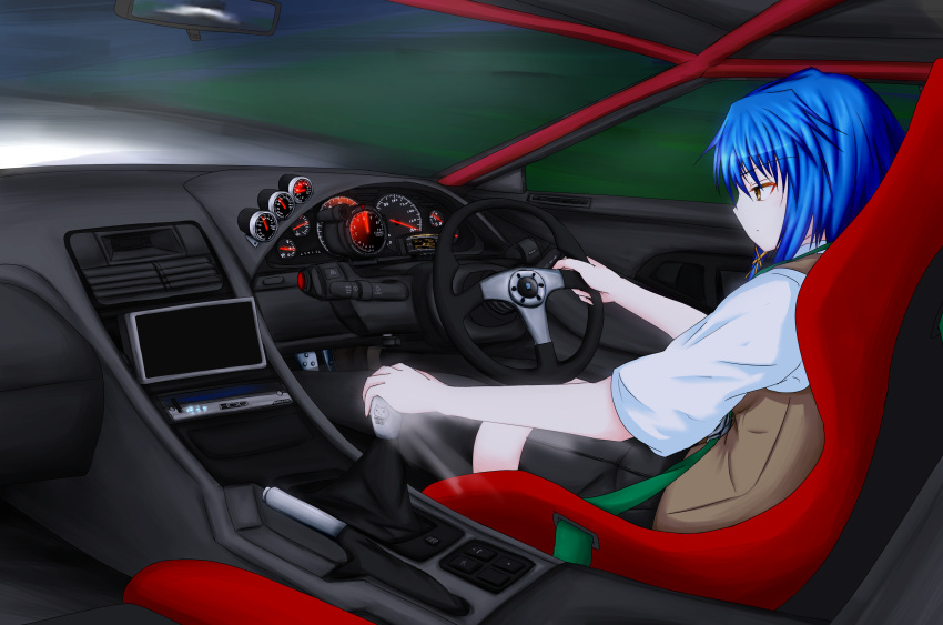 1girl, absurdres, blue_hair, car, car_interior, driving, hair_ribbon, highres