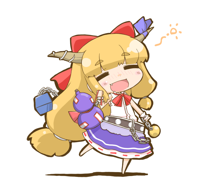 blonde_hair, chibi, drunk, fang, gourd, hair_ribbon, horns, ibuki_suika