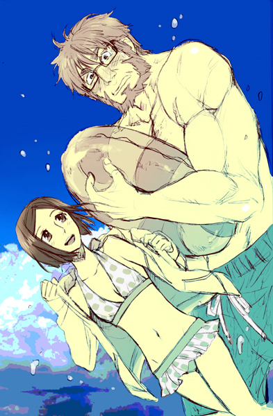 1girl, :d, bangs, beard, bikini, bikini_skirt, black_hair, blush, bob_cut, brown_hair, dutch_angle, embarrassed, facial_hair, fate/zero, fate_(series), flat_chest, genderswap, glasses, grey_eyes, grey_hair, hair_between_eyes, holding, innertube, jacket, looking_at_viewer, lowleg, lowleg_bikini, muscle, navel, open_clothes, open_jacket, open_mouth, outdoors, polka_dot, polka_dot_bikini, polka_dot_swimsuit, red_hair, redhead, ribbon, rider_(fate/zero), rough, sensha_otoko, short_hair, sky, smile, splashing, standing, striped, swim_trunks, swimsuit, swimsuit_under_clothes, swimtrunks, thigh_gap, undressing, usagida, waver_velvet