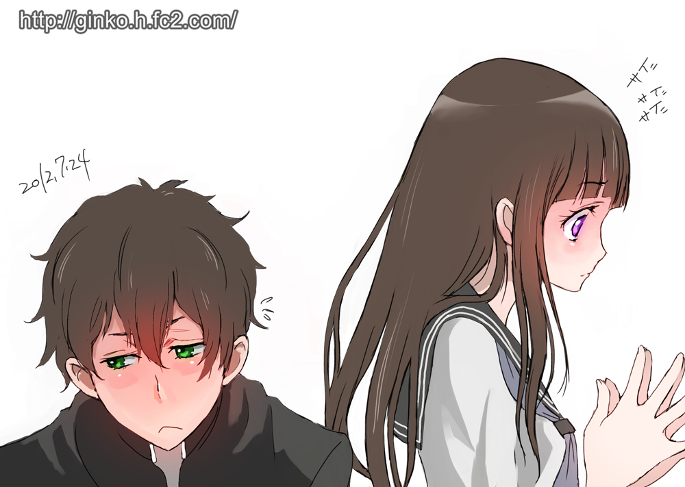 1girl, black_hair, blush, chitanda_eru, gakuran, ginko_(silver_fox), green_eyes, hyouka