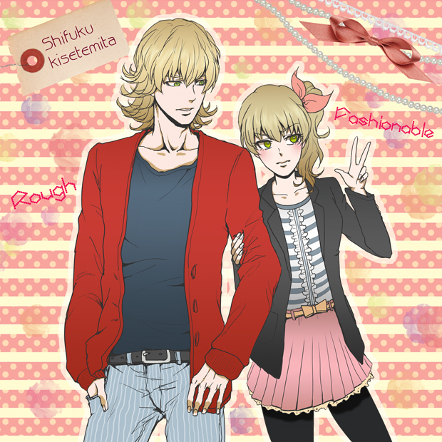 1girl, alternate_costume, barnaby_brooks_jr, blonde_hair, casual, dual_persona, genderswap, glasses