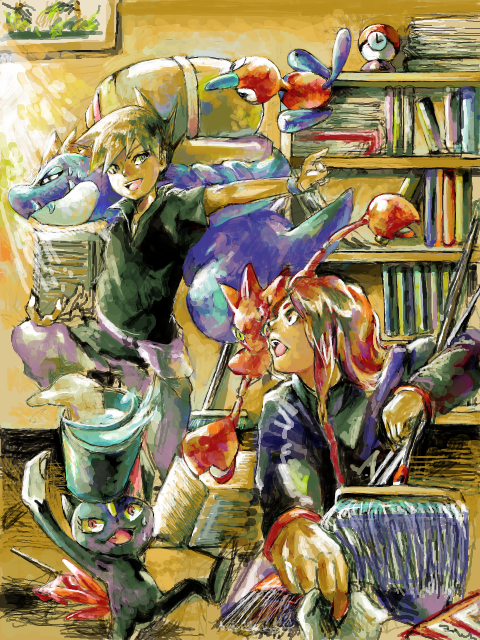 2boys, book, brown_hair, bucket, cleaning, feraligatr, hari_(atheos), multiple_boys