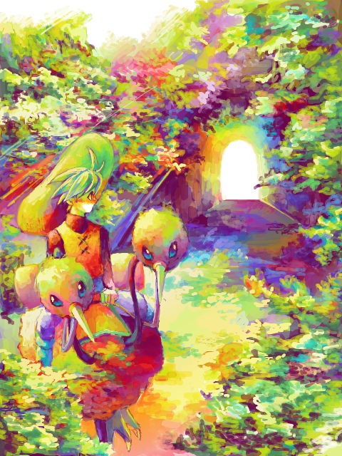 1girl, bangs, blonde_hair, carrying, doduo, forest, grass, hari_(atheos)