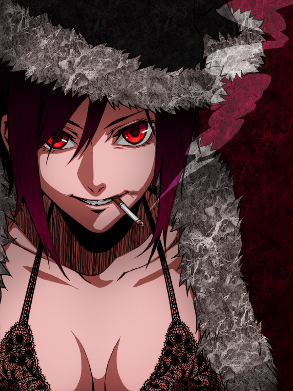 chimachi, christmas, cigarette, hat, lingerie, original, purple_hair, red_eyes