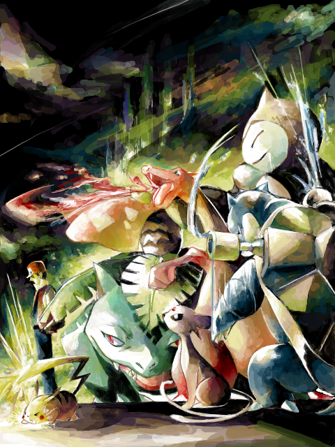1boy, baseball_cap, black_hair, blastoise, charizard, espeon, fire, hari_(atheos)