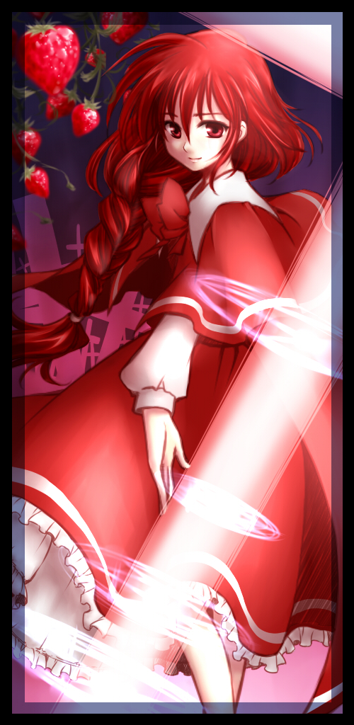 aino_yumeri, bow, braid, capelet, cross, food, fruit, long_hair, okazaki_yumemi, red_eyes, red_hair, redhead, strawberry, touhou, touhou_(pc-98)