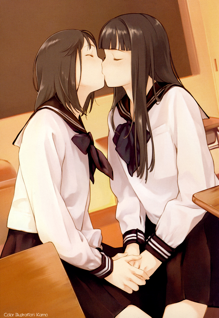 artist_name, bangs, black_hair, blunt_bangs, bowtie, brown_hair, chalkboard, classroom