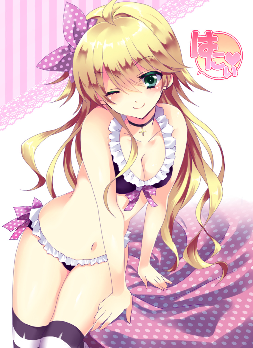 ;), blonde_hair, blush, breasts, choker, cleavage, cross, green_eyes, hair_over_one_eye, highres, hoshii_miki, idolmaster, kneehighs, long_hair, lyric, lyric_(hina9111), navel, polka_dot, solo, speech_bubble, striped, striped_legwear, the_idolm@ster, thighhighs, translation_request, wink