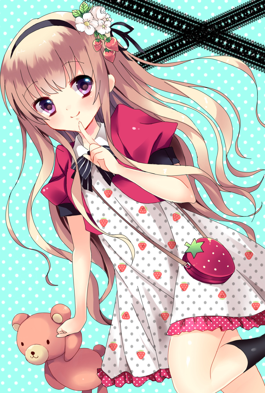 absurdres, bag, blush, brown_hair, dress, finger_to_mouth, food, food_themed_clothes, fruit, hairband, highres, holding, long_hair, looking_at_viewer, lyric, lyric_(hina9111), original, polka_dot, polka_dot_background, polka_dot_dress, purple_eyes, smile, solo, strawberry, strawberry_print, stuffed_animal, stuffed_toy, teddy_bear, violet_eyes